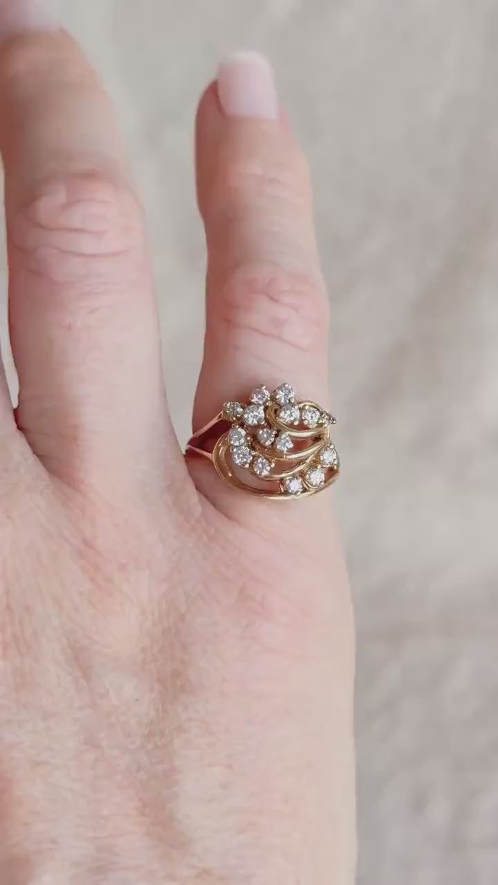 Vintage Diamond Engagement Ring, Round Cut, 14k Gold, 1990s Cluster Wedding Ring