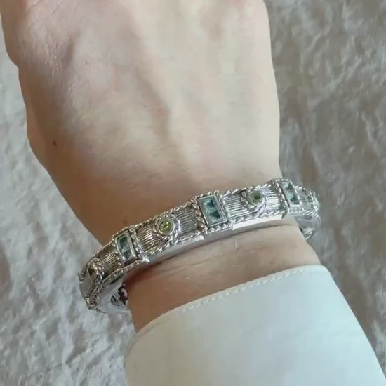 Vintage Blue Topaz Hinged Cuff Bracelet in Sterling Silver, Retro Fashion Fine Jewelry