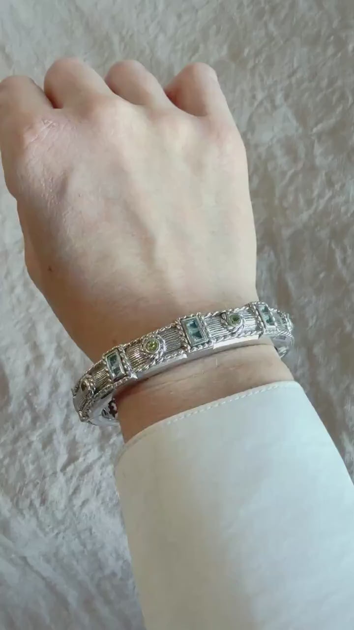 Vintage Blue Topaz Hinged Cuff Bracelet in Sterling Silver, Retro Fashion Fine Jewelry