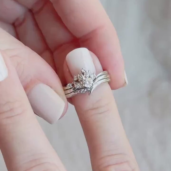 Vintage Diamond Engagement & Wedding Rings, Round Cut, 14k White Gold, 1990s Floral Bridal Set