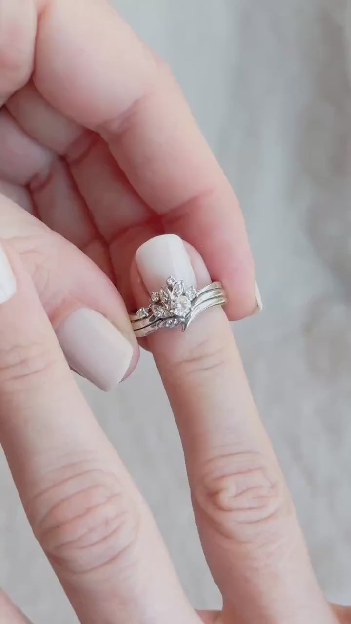 Vintage Diamond Engagement & Wedding Rings, Round Cut, 14k White Gold, 1990s Floral Bridal Set
