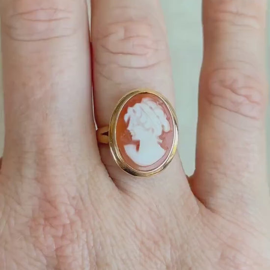 Vintage Cameo Ring, 14k Gold, Oval Portrait Statement Ring, Mid-Century Bold Jewelry