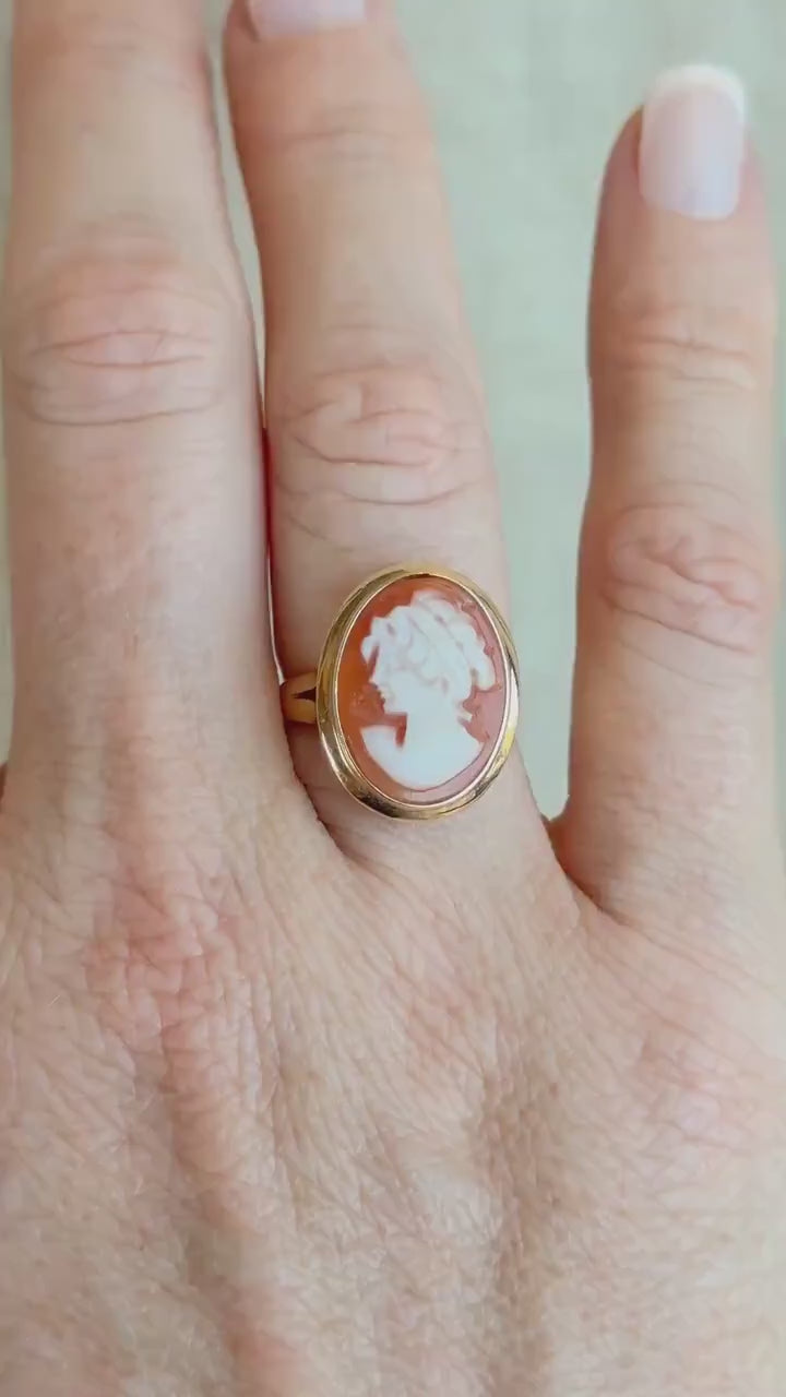 Vintage Cameo Ring, 14k Gold, Oval Portrait Statement Ring, Mid-Century Bold Jewelry