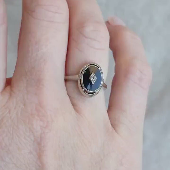 Vintage Onyx and Diamond Ring in 14k White Gold