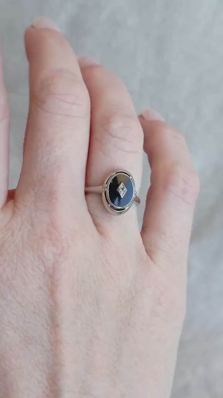 Vintage Onyx and Diamond Ring in 14k White Gold