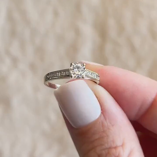 Vintage Diamond Engagement Ring, Round Cut, 18k White Gold, 1990s Channel Set Bridal Ring