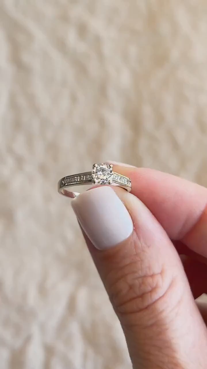 Vintage Diamond Engagement Ring, Round Cut, 18k White Gold, 1990s Channel Set Bridal Ring