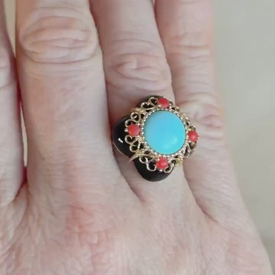 Vintage 1990s Blue Turquoise & Onyx Ring in 14k Gold