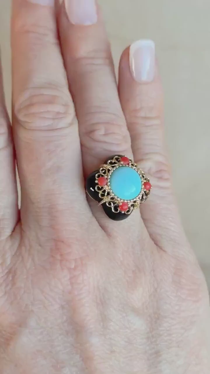 Vintage 1990s Blue Turquoise & Onyx Ring in 14k Gold