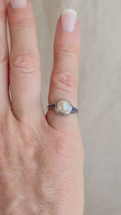 Vintage Pearl and Sapphire Engagement Ring, Platinum Art Deco Filigree Alternative Bridal Ring