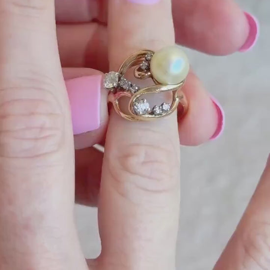 Vintage Pearl and Diamond Engagement Ring, 14k Gold, 1920s Art Nouveau Cluster Bridal Ring