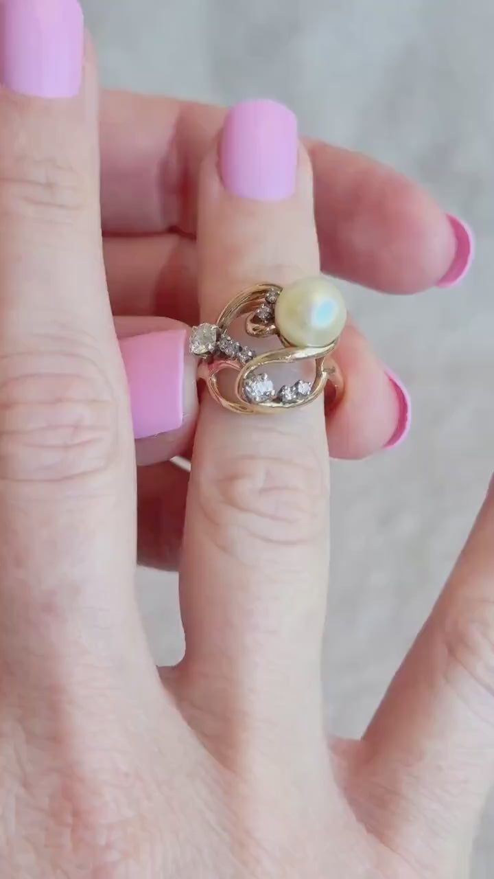 Vintage Pearl and Diamond Engagement Ring, 14k Gold, 1920s Art Nouveau Cluster Bridal Ring