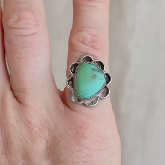Vintage Turquoise Ring Sterling Silver, Scalloped Floral Statement Ring, Boho Everyday Jewelry
