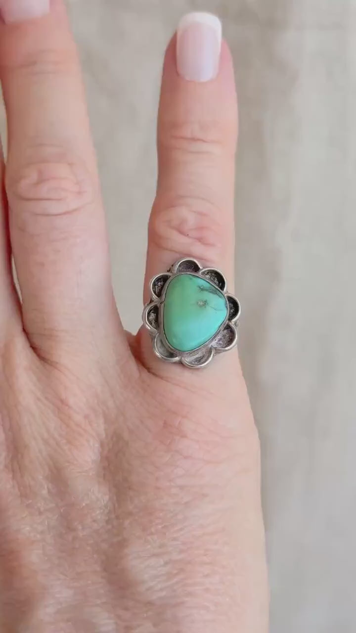 Vintage Turquoise Ring Sterling Silver, Scalloped Floral Statement Ring, Boho Everyday Jewelry