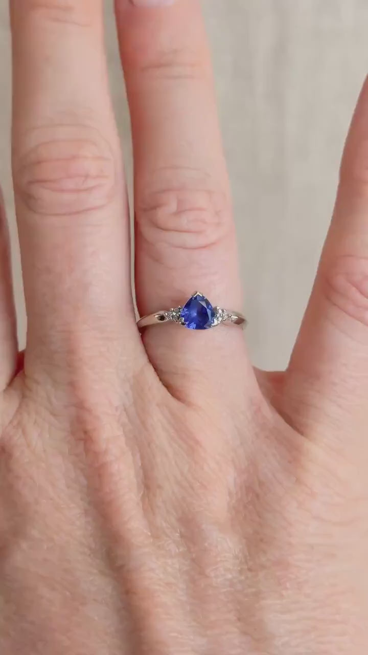 Vintage Sapphire and Diamond Engagement Ring, Trillion Cut 10k White Gold Alternative Bridal Ring