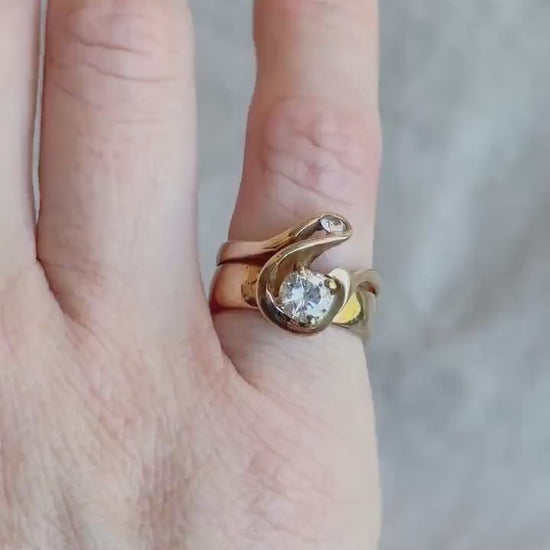 Vintage Diamond Bridal Set Freeform Engagement Ring and Wedding Band in 14k Gold