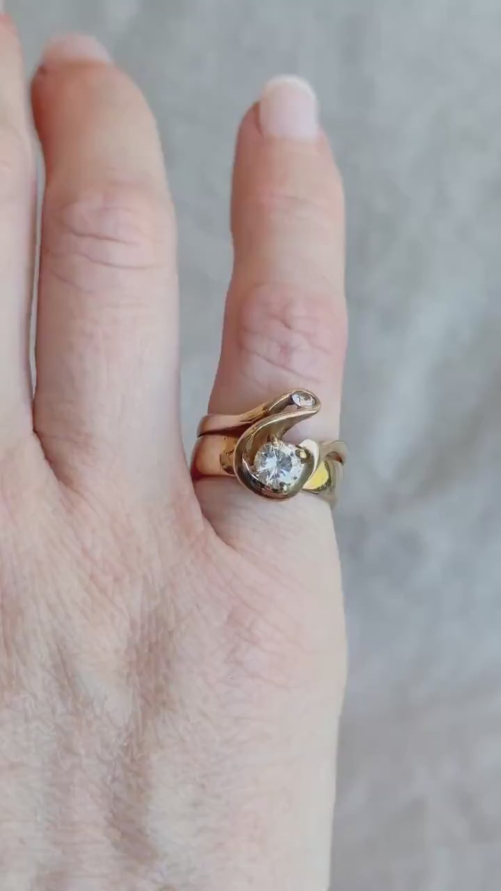 Vintage Diamond Bridal Set Freeform Engagement Ring and Wedding Band in 14k Gold