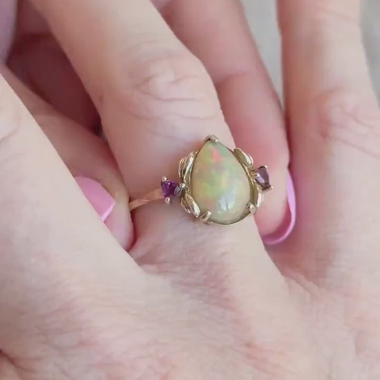 Vintage Pear Cut Opal and Garnet Ring in 14k Gold
