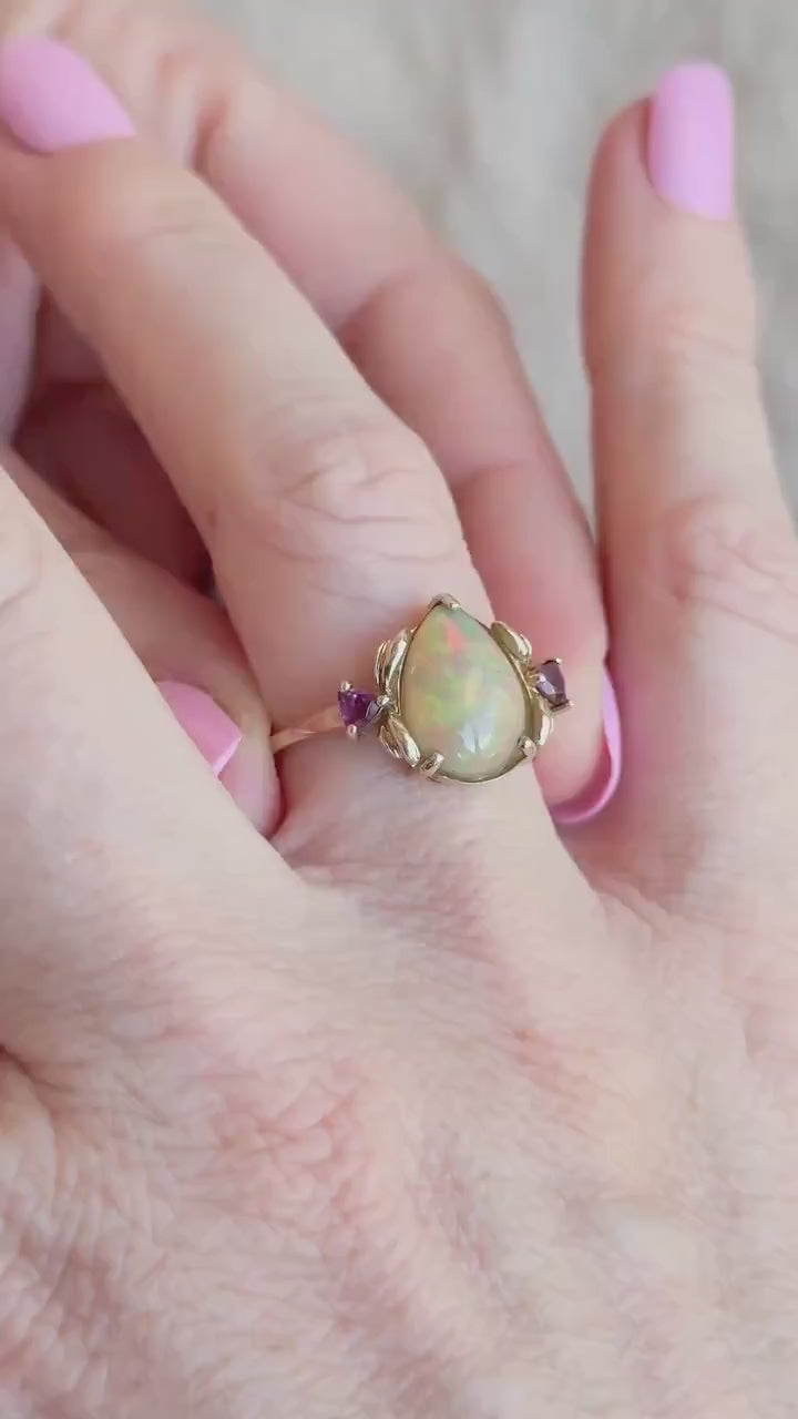 Vintage Pear Cut Opal and Garnet Ring in 14k Gold