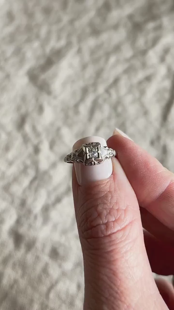 Antique 1920s Art Deco Diamond Engagement Ring, 14k White Gold