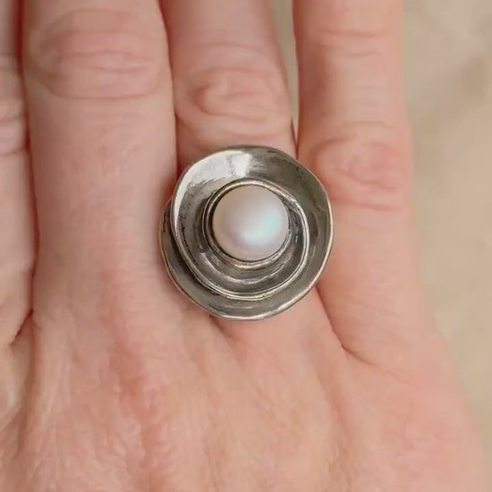 Vintage Sterling Silver Pearl Ring, Modern Disc Statement Boho Jewelry