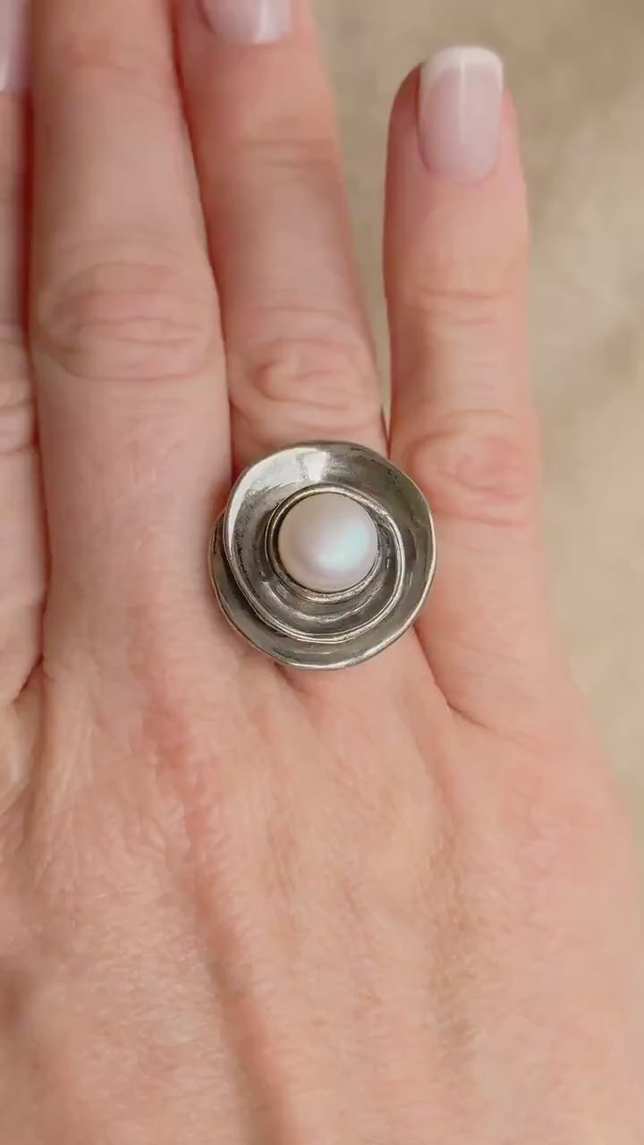 Vintage Sterling Silver Pearl Ring, Modern Disc Statement Boho Jewelry