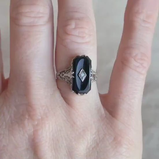 Antique 1920s Art Nouveau Onyx & Diamond Engagement Ring, 14k White Gold • One-of-a-kind Jewelry