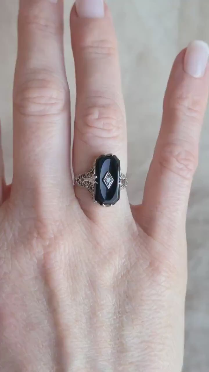 Antique 1920s Art Nouveau Onyx & Diamond Engagement Ring, 14k White Gold • One-of-a-kind Jewelry