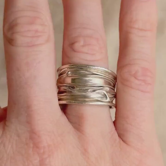 Vintage Crinkle Ring Sterling Silver, Wide Statement Band, Boho Silver Jewelry