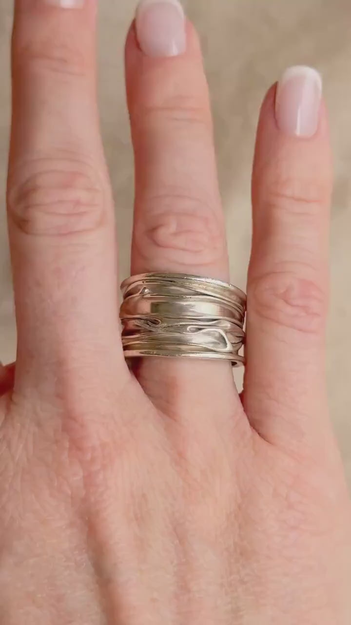 Vintage Crinkle Ring Sterling Silver, Wide Statement Band, Boho Silver Jewelry