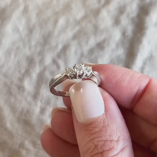 Vintage Diamond Engagement Ring, Round Cut, 14k White Gold, 1990s Three Stone Prong Setting