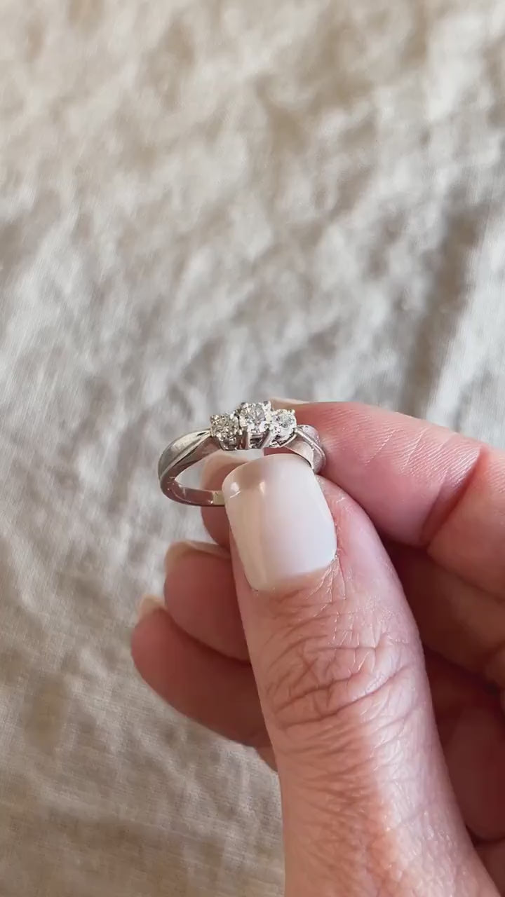 Vintage Diamond Engagement Ring, Round Cut, 14k White Gold, 1990s Three Stone Prong Setting