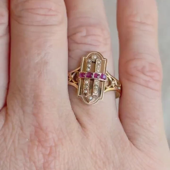 Antique 1880s Art Deco Ruby & Pearl Ring, 18k Gold