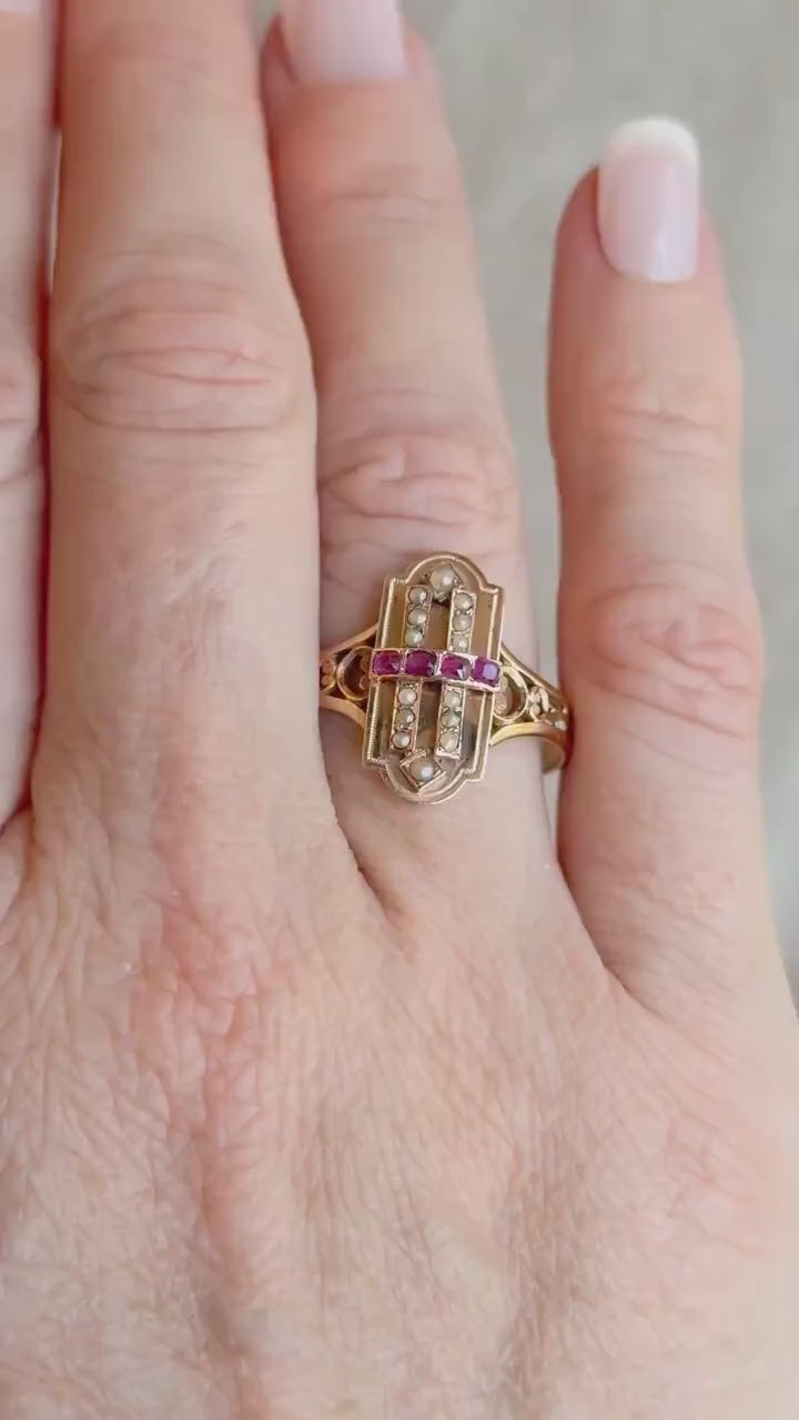 Antique 1880s Art Deco Ruby & Pearl Ring, 18k Gold