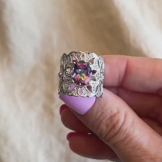 Vintage Mystic Topaz Sterling Silver Ring, Rainbow Filigree Statement Boho Jewelry
