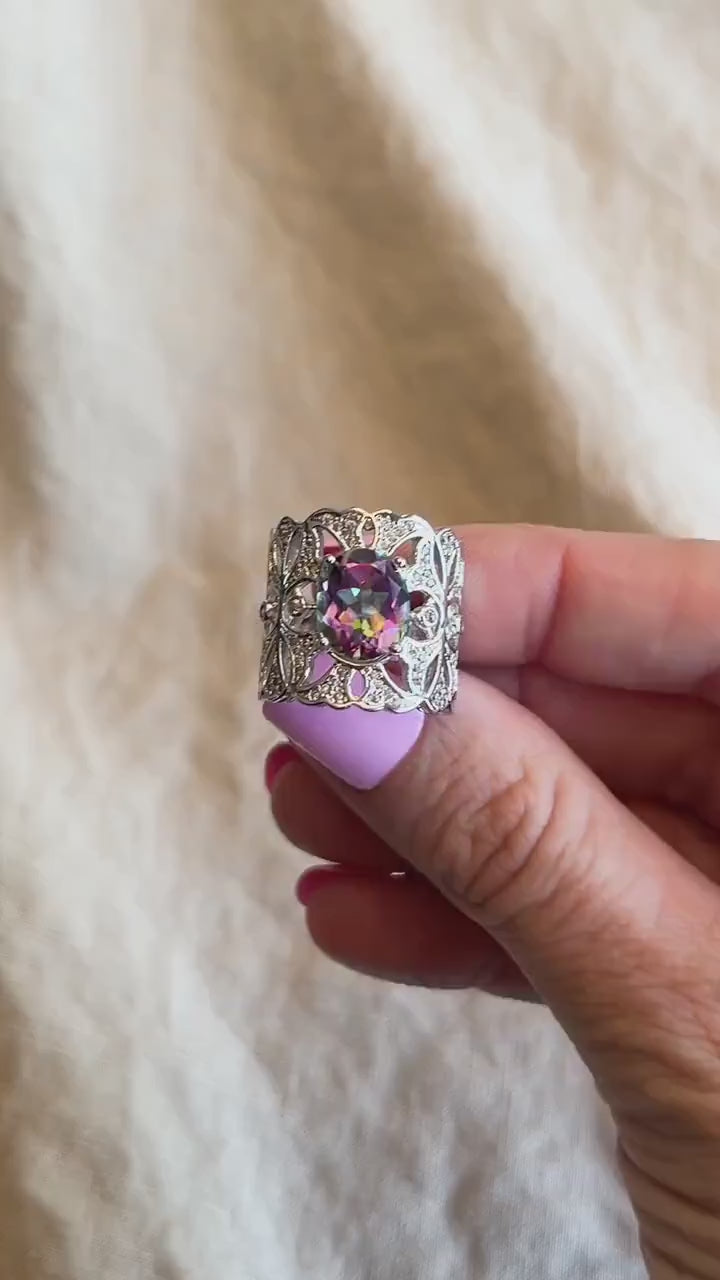 Vintage Mystic Topaz Sterling Silver Ring, Rainbow Filigree Statement Boho Jewelry