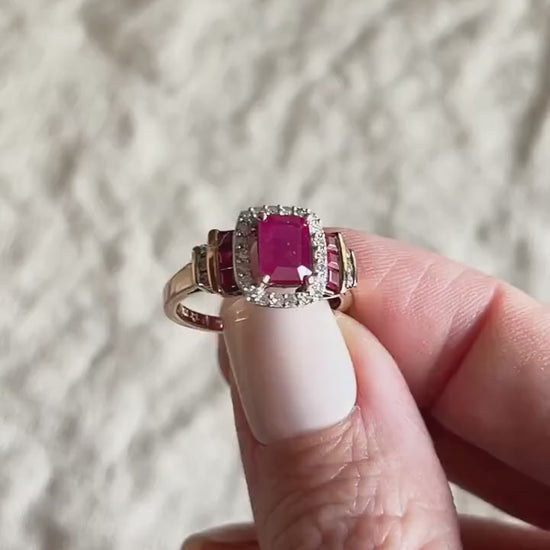 Vintage Ruby Three Stone Diamond Halo Gemstone Ring in 14k Gold