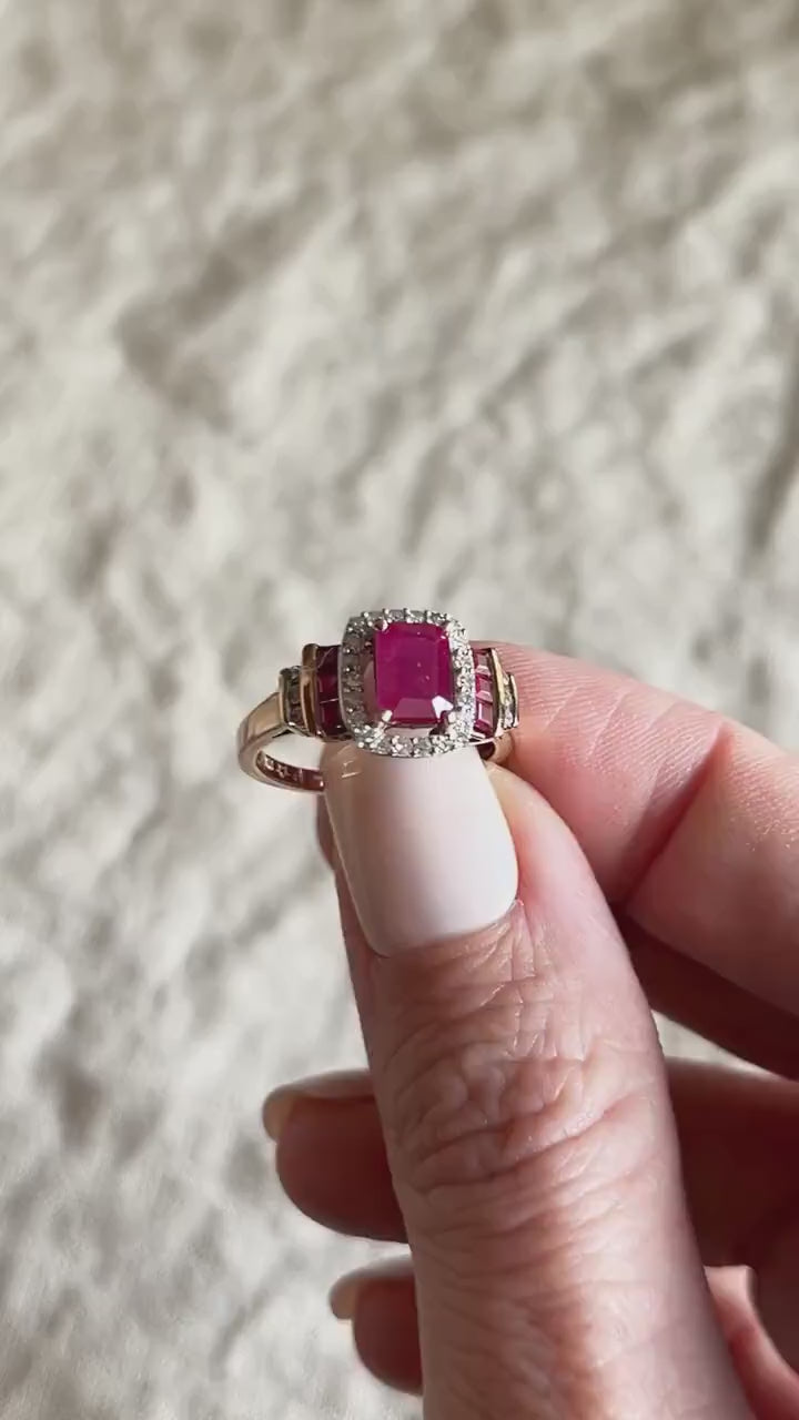 Vintage Ruby Three Stone Diamond Halo Gemstone Ring in 14k Gold