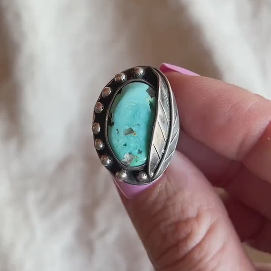 Vintage Turquoise Ring Sterling Silver, Southwestern Leaf/Feather Statement Ring, Boho Everyday Jewelry