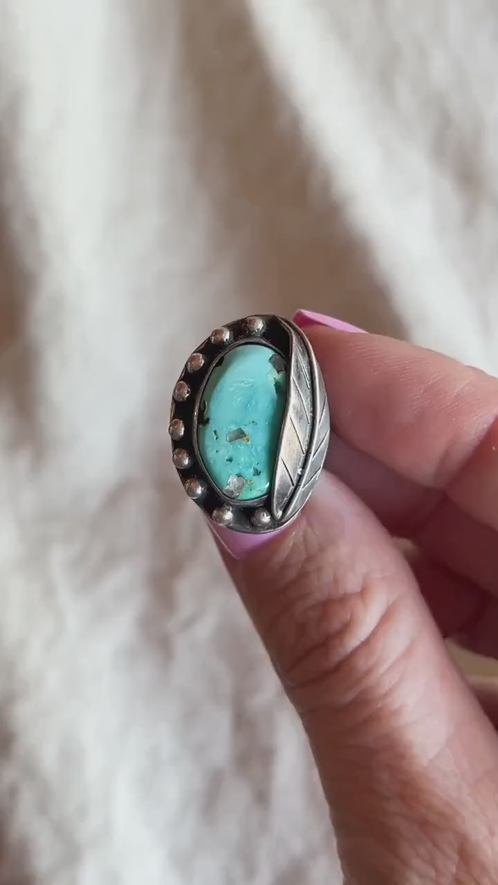 Vintage Turquoise Ring Sterling Silver, Southwestern Leaf/Feather Statement Ring, Boho Everyday Jewelry