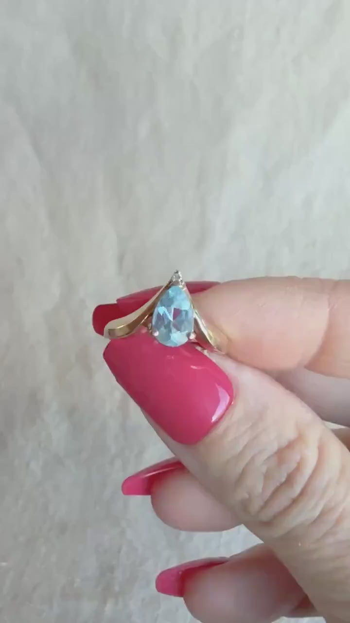 Vintage 1990s Blue Topaz & Diamond Ring in 10k Gold