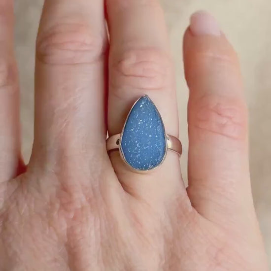 Vintage Sterling Silver Druzy Teardrop Ring, Boho Statement Jewelry