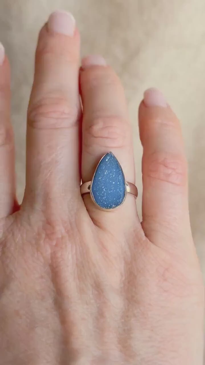 Vintage Sterling Silver Druzy Teardrop Ring, Boho Statement Jewelry