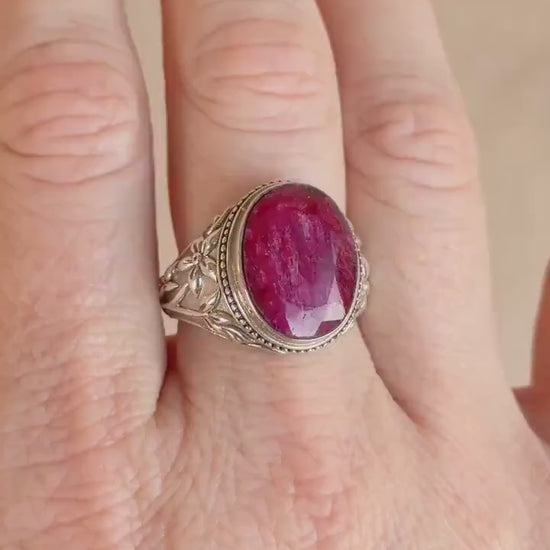 Vintage Sterling Silver Oval Ruby Statement Ring, Boho Floral Filigree Jewelry