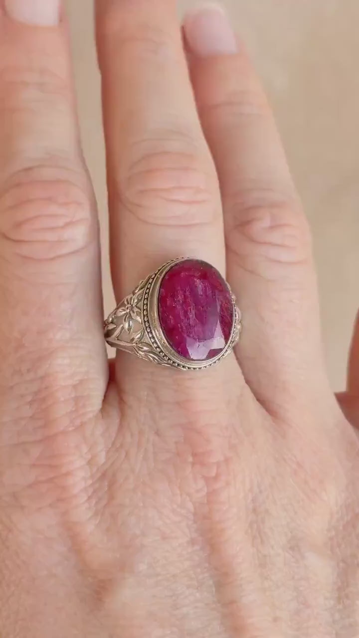 Vintage Sterling Silver Oval Ruby Statement Ring, Boho Floral Filigree Jewelry