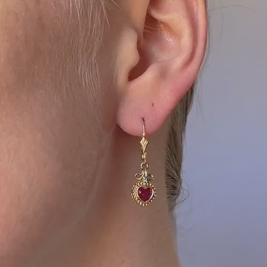 Vintage Ruby Heart Dangle Earrings in 14k Gold