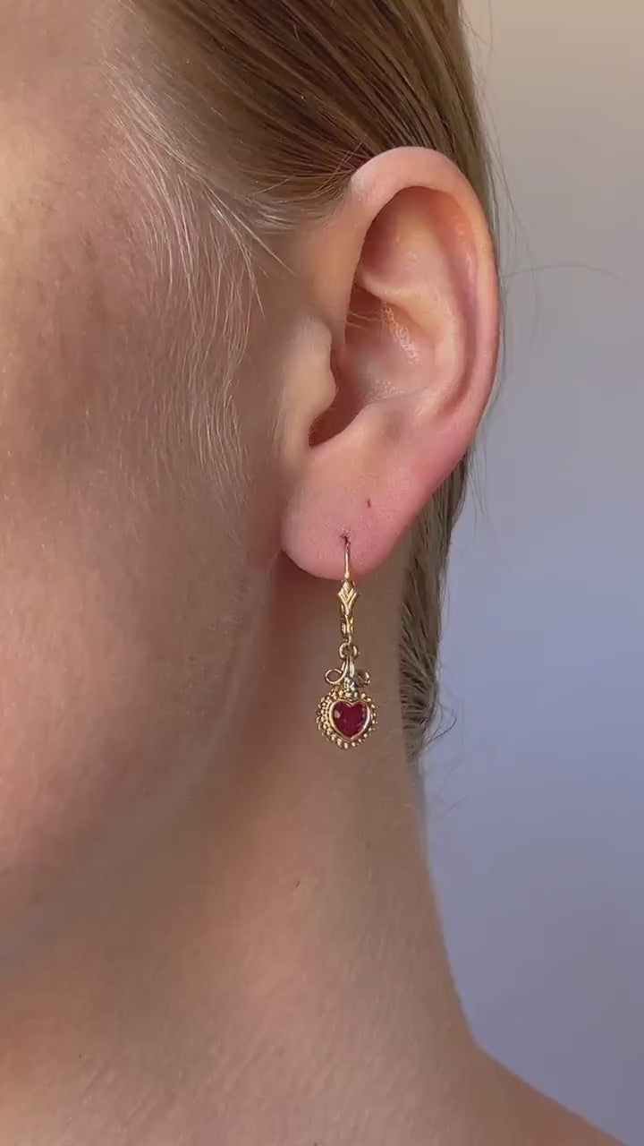 Vintage Ruby Heart Dangle Earrings in 14k Gold