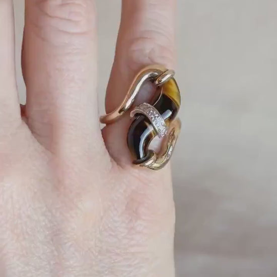 Vintage 1970s Cats Eye & Diamond Ring in 14k Gold