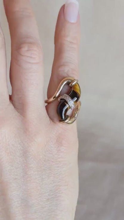 Vintage 1970s Cats Eye & Diamond Ring in 14k Gold