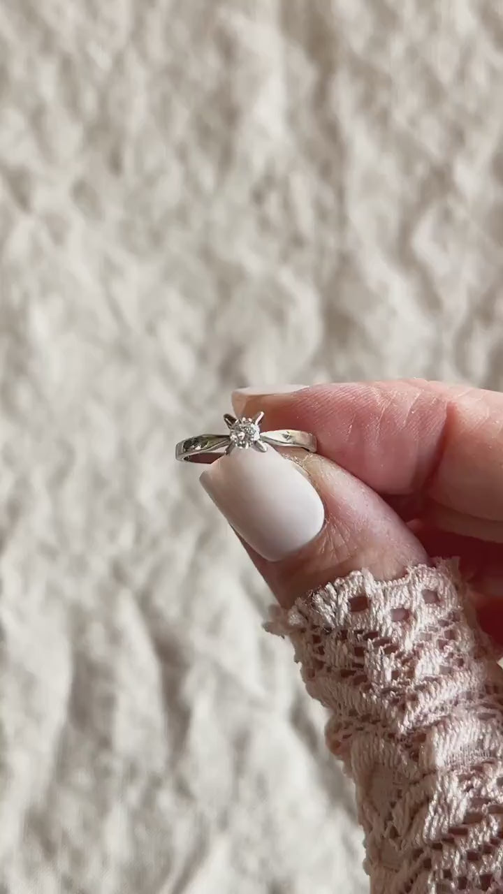 Vintage Diamond Engagement Ring, Round Cut, 14k White Gold, 1960s Solitaire Mid-Century Bridal Ring